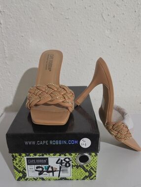 Cape Robbin Tilio Tan Braided Strap Stiletto Mule with Gold Chain Trim